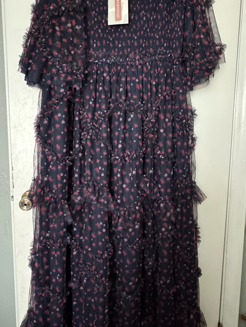 NWT JessaKae Navy Blue Smocked Floral Square-Neck Tunic with Pink Print - Picture 4 of 7